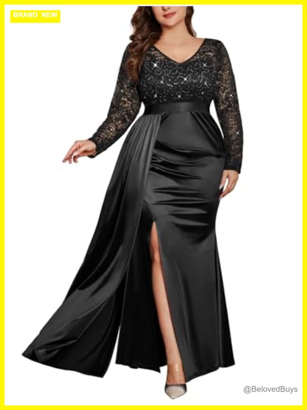 Plus Size Satin Sequin Mermaid Formal Gown Long Sleeve V Neck Maxi Dress